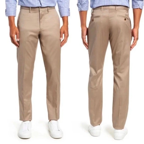 Nordstrom Mens Athletic Fit Stretch Non-Iron Pants Khaki Tan Business 35W 32L - Picture 1 of 16